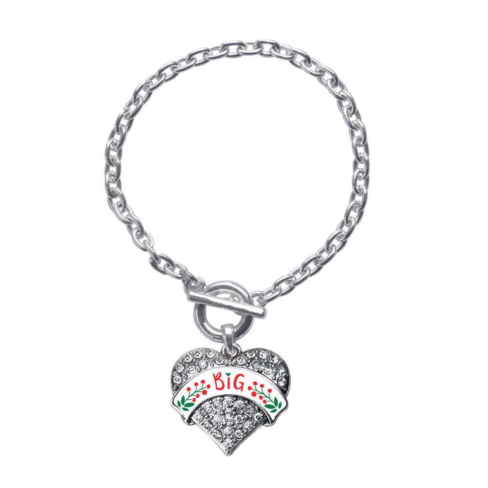 Silver Scarlet Red and Olive Green Big Pave Heart Charm Toggle Bracelet