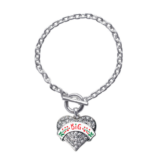 Silver Scarlet Red and Olive Green Big Pave Heart Charm Toggle Bracelet