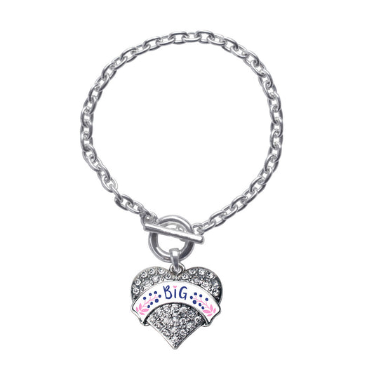 Silver Navy Blue and Rose Big Pave Heart Charm Toggle Bracelet