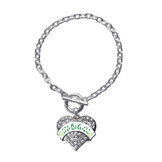 Silver Green and White Big Pave Heart Charm Toggle Bracelet