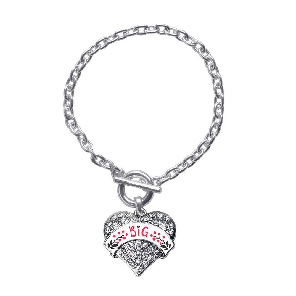 Silver Cardinal Red and Black Big Pave Heart Charm Toggle Bracelet