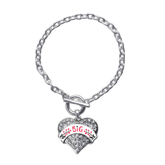 Silver Cardinal Red and Black Big Pave Heart Charm Toggle Bracelet