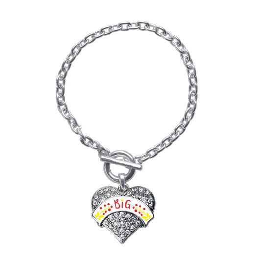 Silver Cardinal Red and Canary Yellow Big Pave Heart Charm Toggle Bracelet