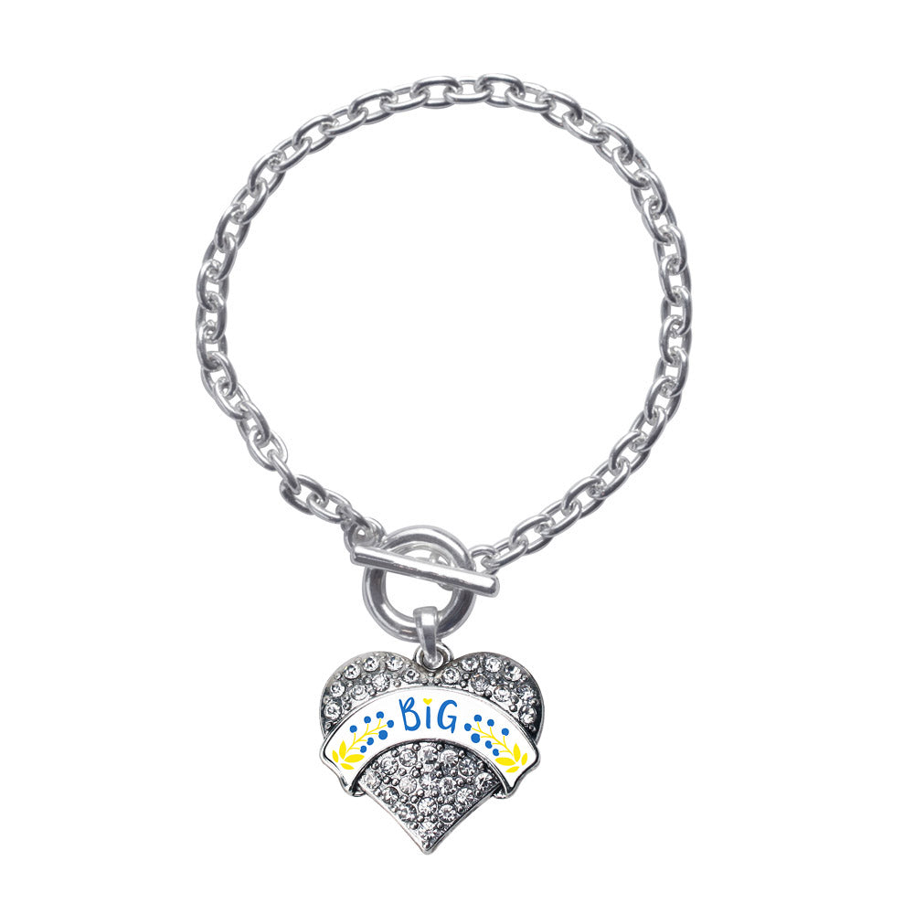 Silver Cerulean Blue and Canary Yellow Big Pave Heart Charm Toggle Bracelet