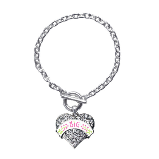 Silver Rose and Green Big Pave Heart Charm Toggle Bracelet