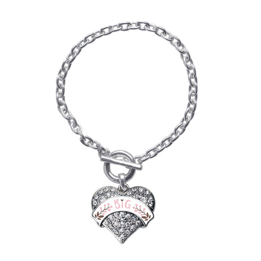 Silver Pink and Brown Big Pave Heart Charm Toggle Bracelet