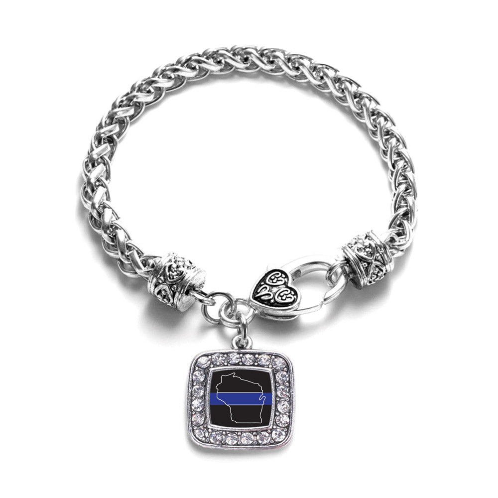 Silver Wisconsin Thin Blue Line Square Charm Braided Bracelet