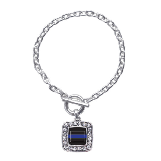 Silver Wyoming Thin Blue Line Square Charm Toggle Bracelet