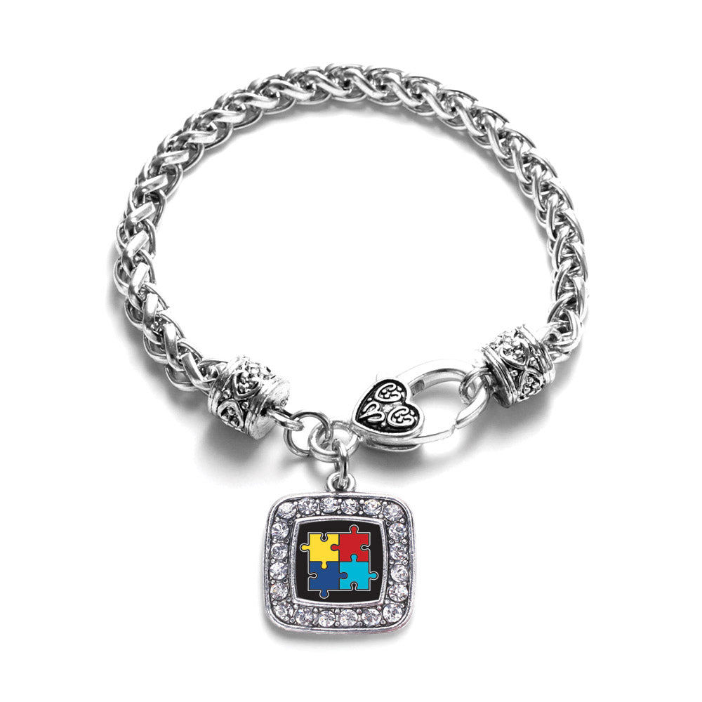 Silver Autism Awareness Jigsaw Square Charm Braided Bracelet