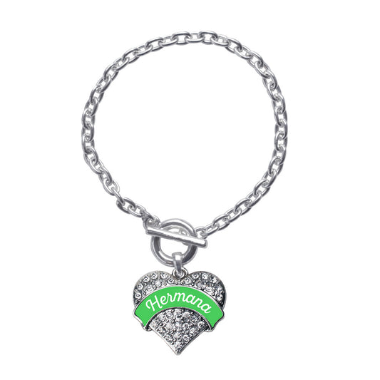 Silver Hermana - Emerald Green Pave Heart Charm Toggle Bracelet