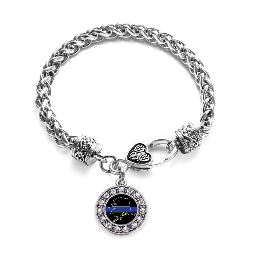 Silver Alaska Thin Blue Line Circle Charm Braided Bracelet