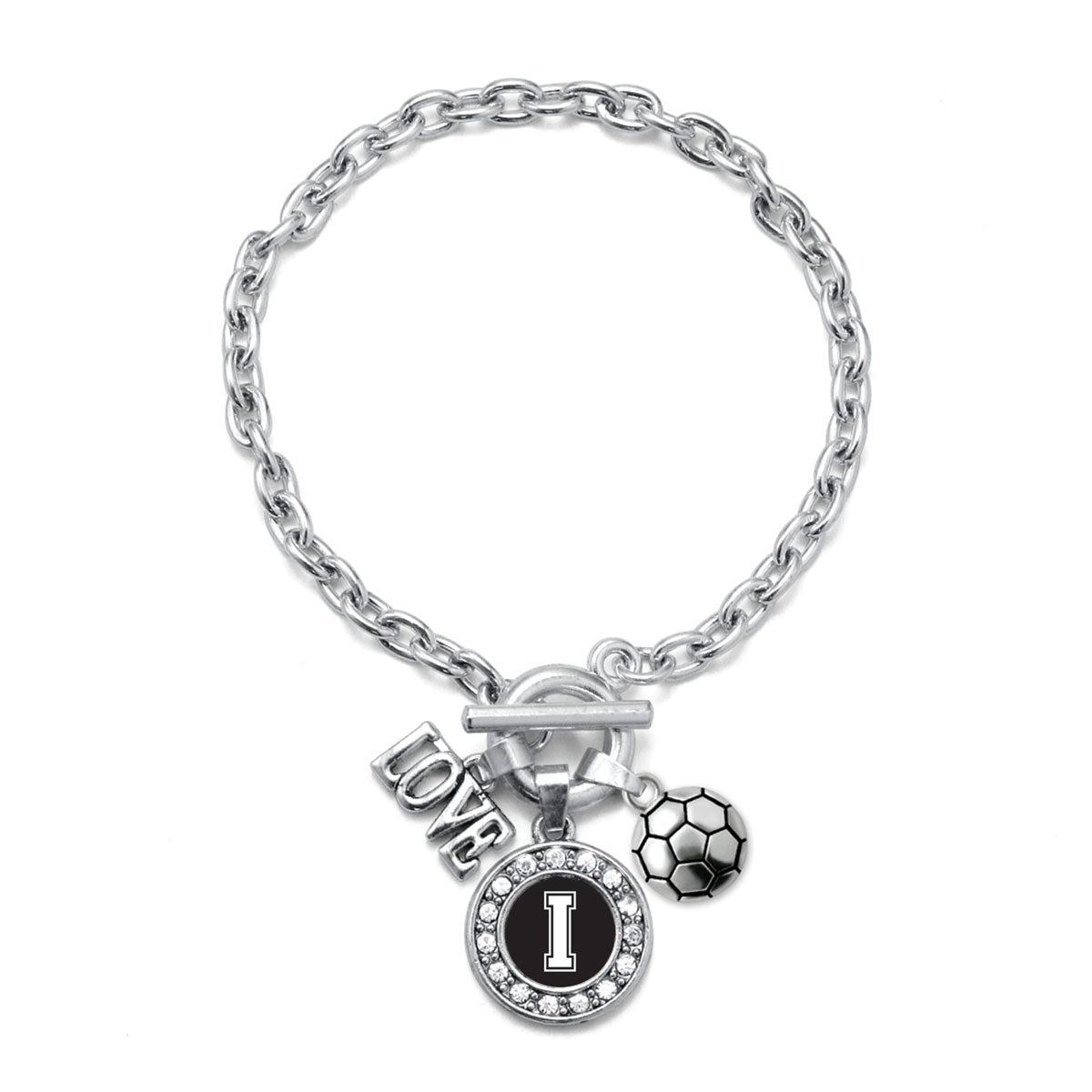 Silver Soccer - Sports Initial I Circle Charm Toggle Bracelet
