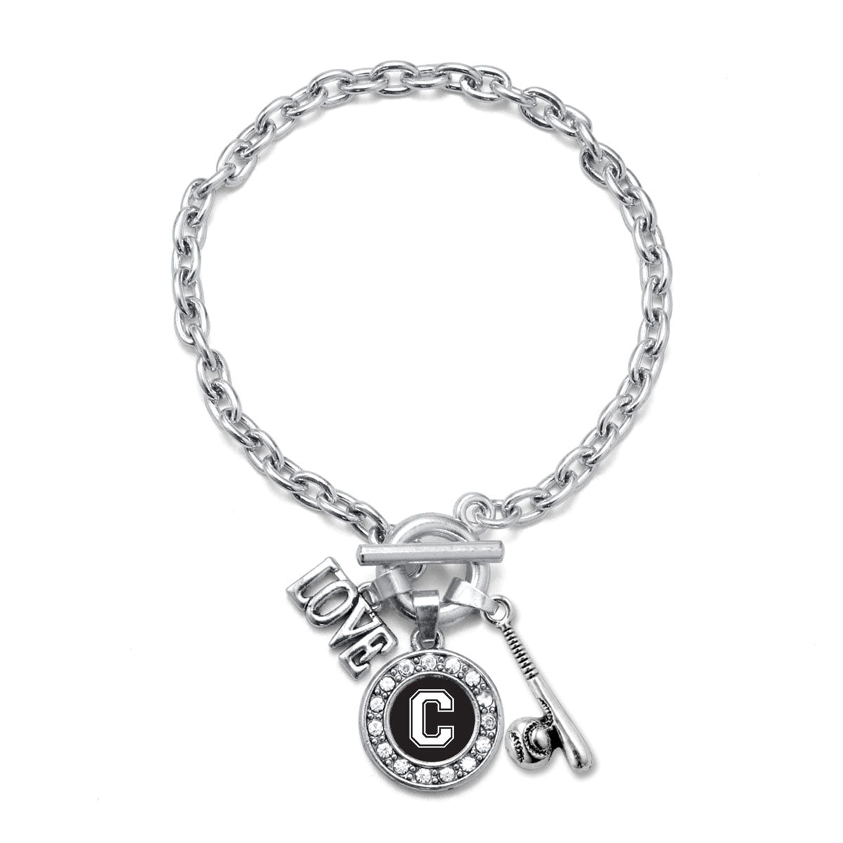 Silver Baseball Bat - Sports Initial C Circle Charm Toggle Bracelet