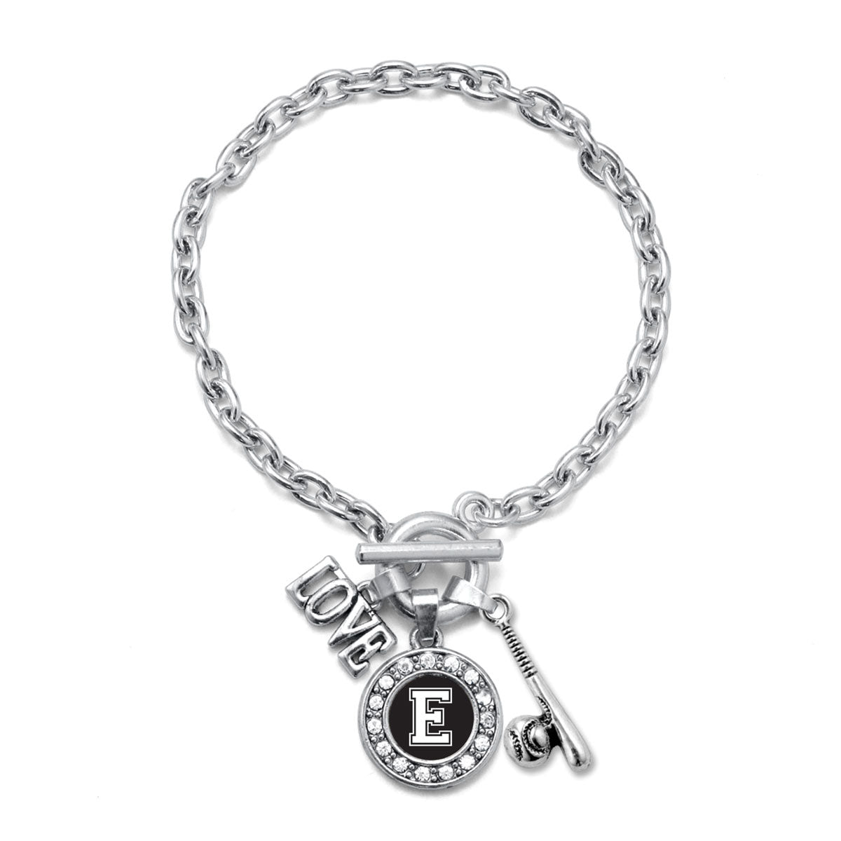 Silver Baseball Bat - Sports Initial E Circle Charm Toggle Bracelet