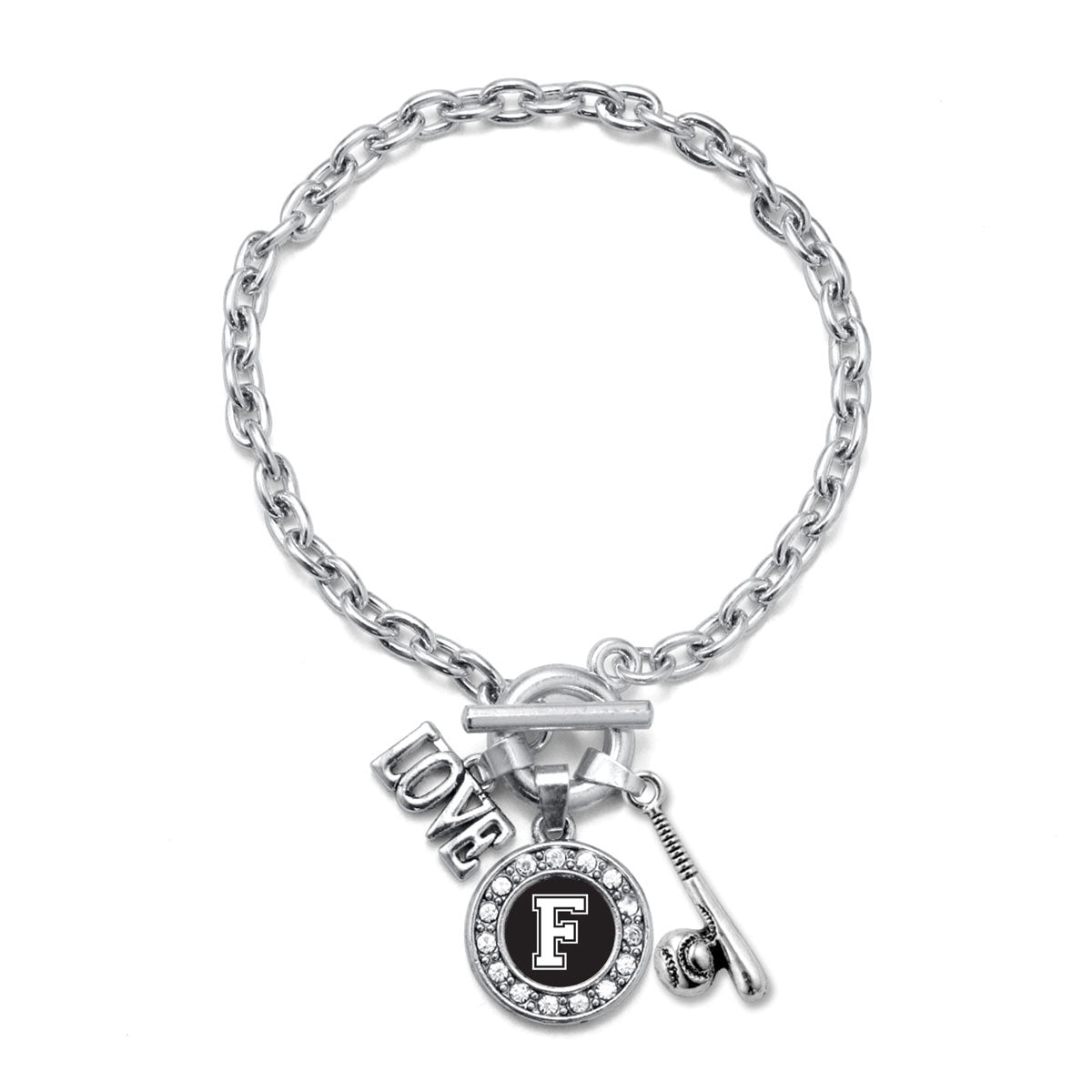 Silver Baseball Bat - Sports Initial F Circle Charm Toggle Bracelet