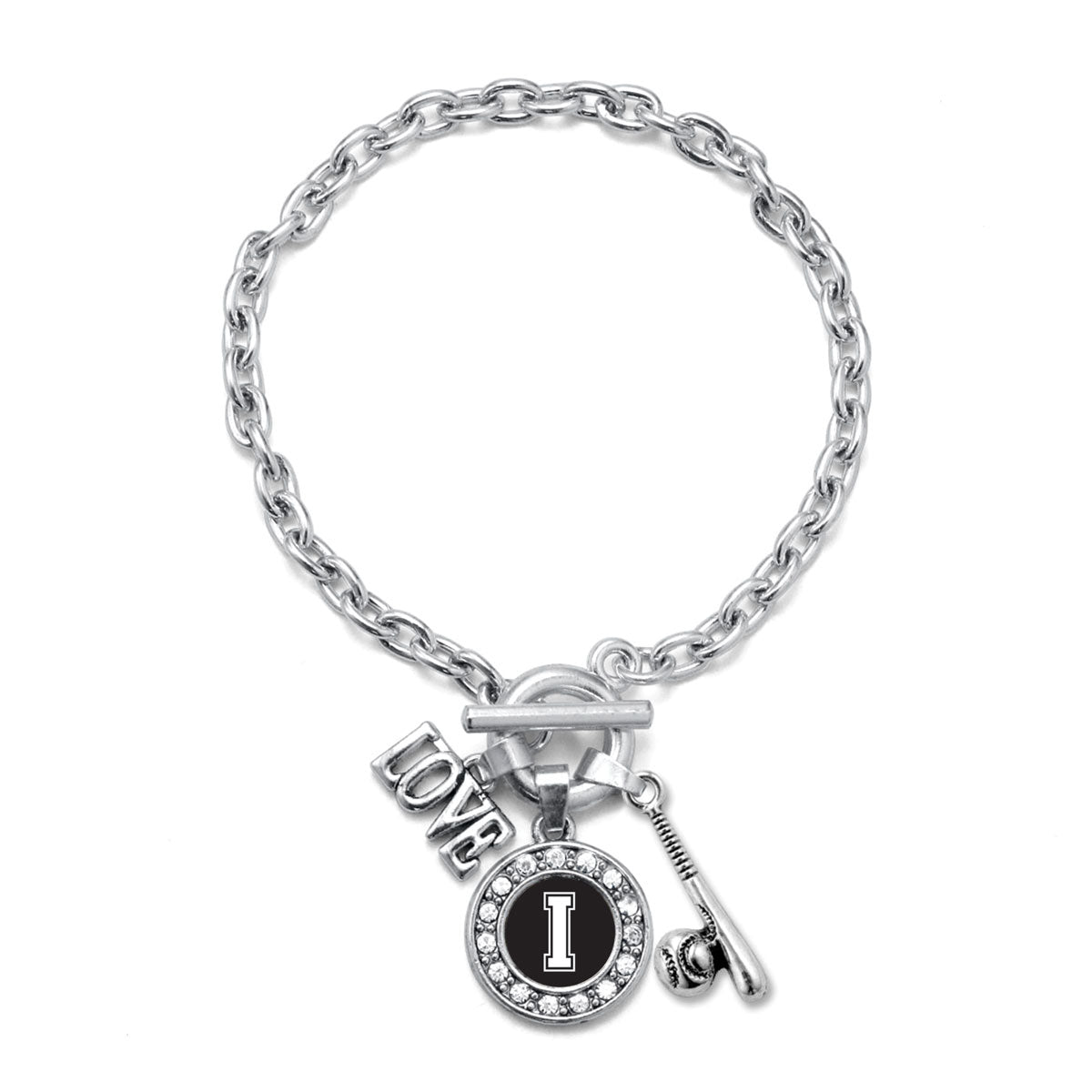 Silver Baseball Bat - Sports Initial I Circle Charm Toggle Bracelet