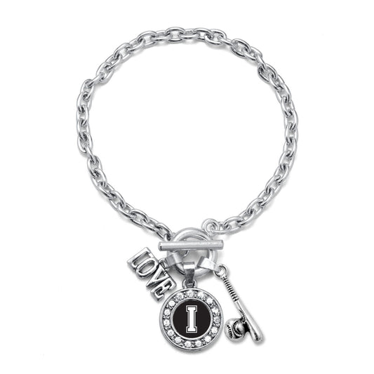 Silver Baseball Bat - Sports Initial I Circle Charm Toggle Bracelet