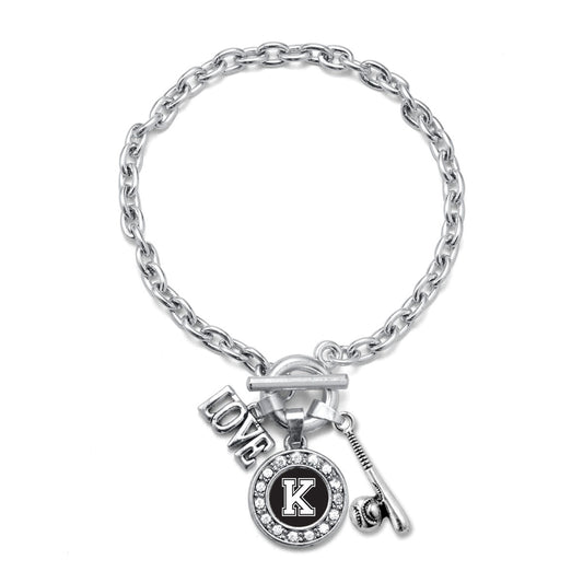 Silver Baseball Bat - Sports Initial K Circle Charm Toggle Bracelet