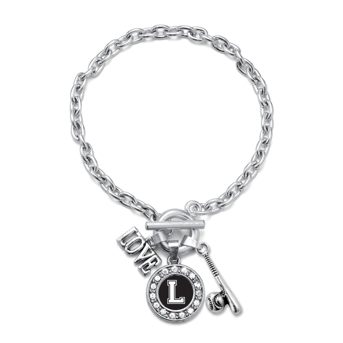 Silver Baseball Bat - Sports Initial L Circle Charm Toggle Bracelet
