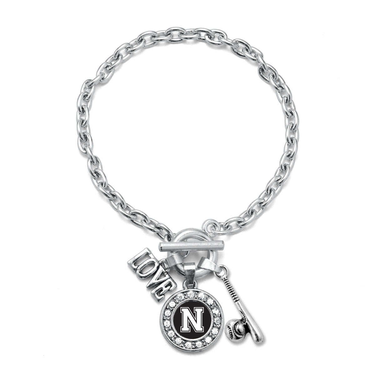 Silver Baseball Bat - Sports Initial N Circle Charm Toggle Bracelet