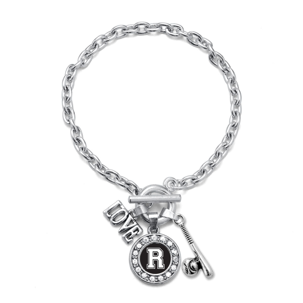 Silver Baseball Bat - Sports Initial R Circle Charm Toggle Bracelet