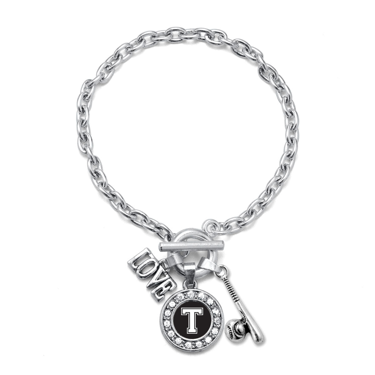 Silver Baseball Bat - Sports Initial T Circle Charm Toggle Bracelet