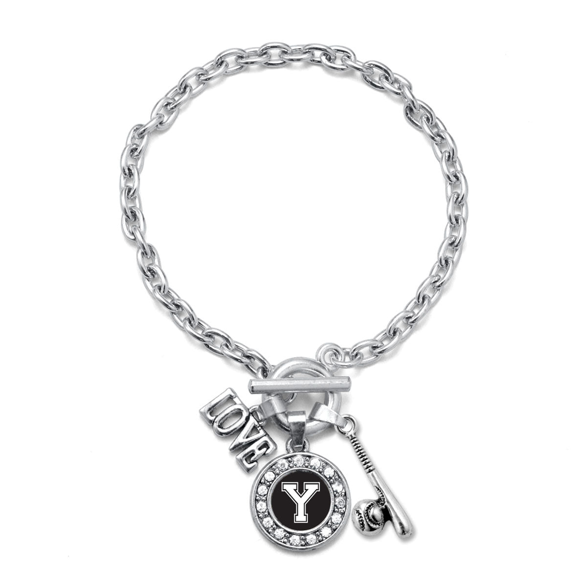 Silver Baseball Bat - Sports Initial Y Circle Charm Toggle Bracelet