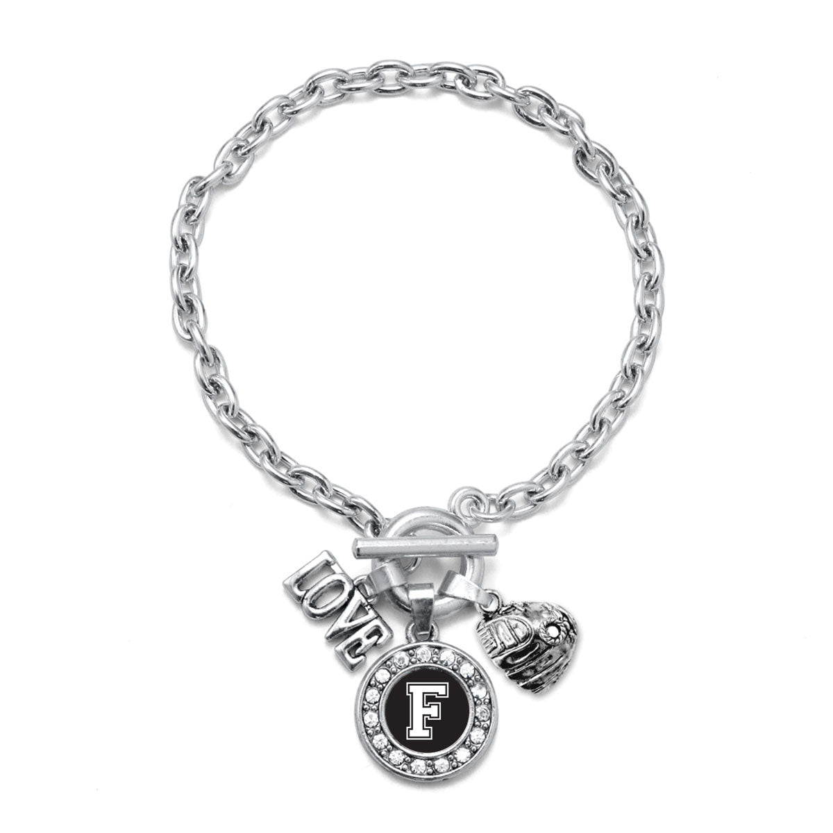 Silver Baseball Glove - Sports Initial F Circle Charm Toggle Bracelet