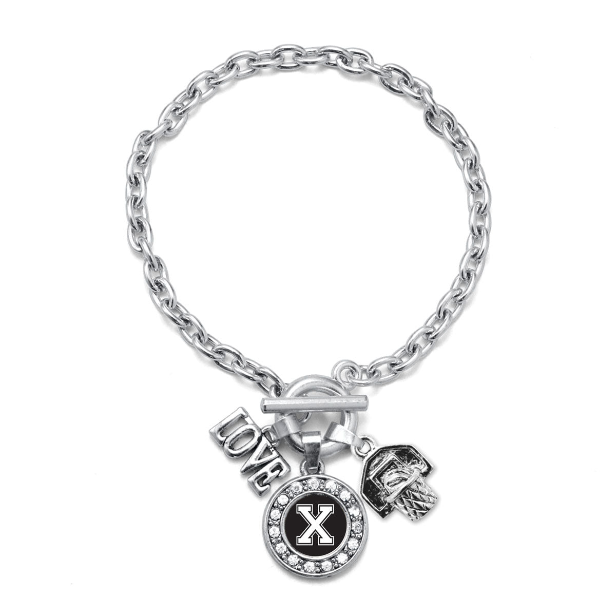 Silver Basketball Hoop - Sports Initial X Circle Charm Toggle Bracelet