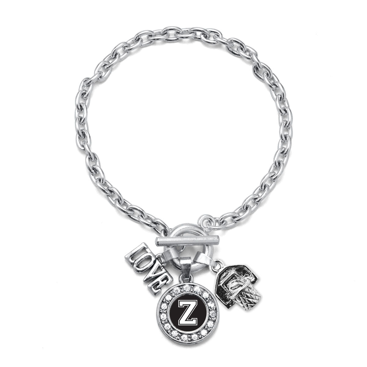 Silver Basketball Hoop - Sports Initial Z Circle Charm Toggle Bracelet