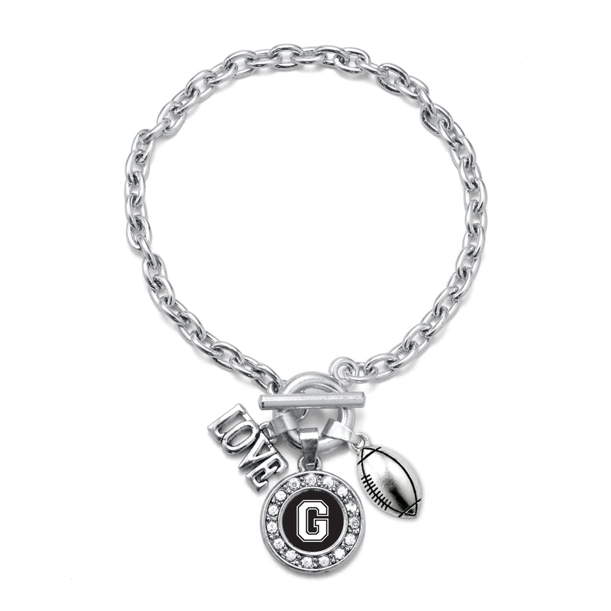 Silver Football - Sports Initial G Circle Charm Toggle Bracelet