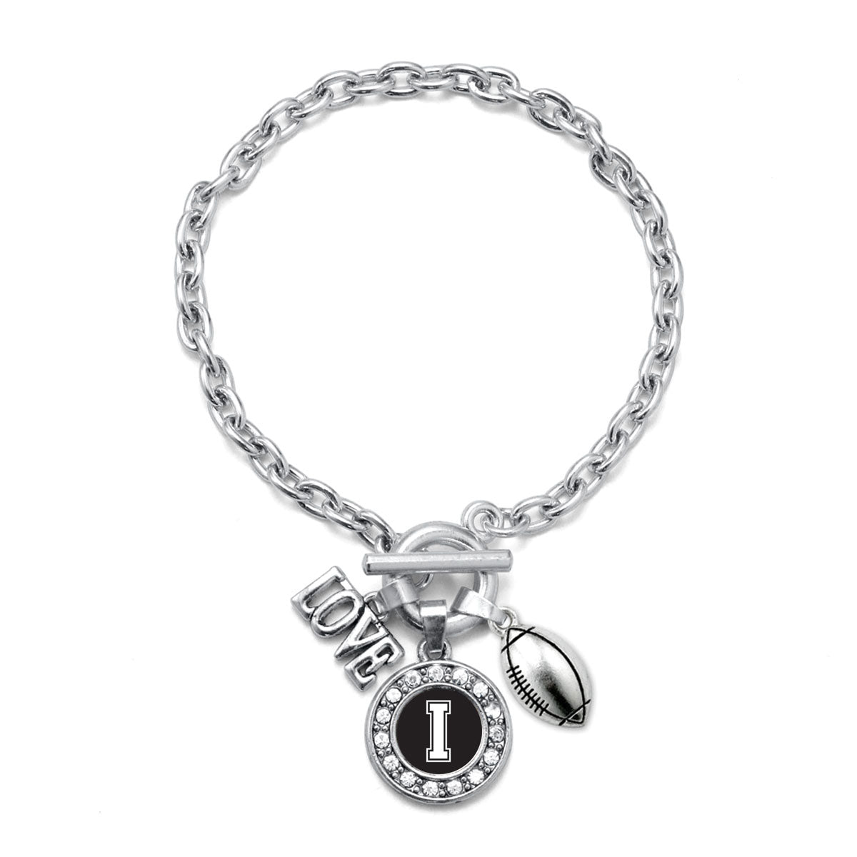 Silver Football - Sports Initial I Circle Charm Toggle Bracelet