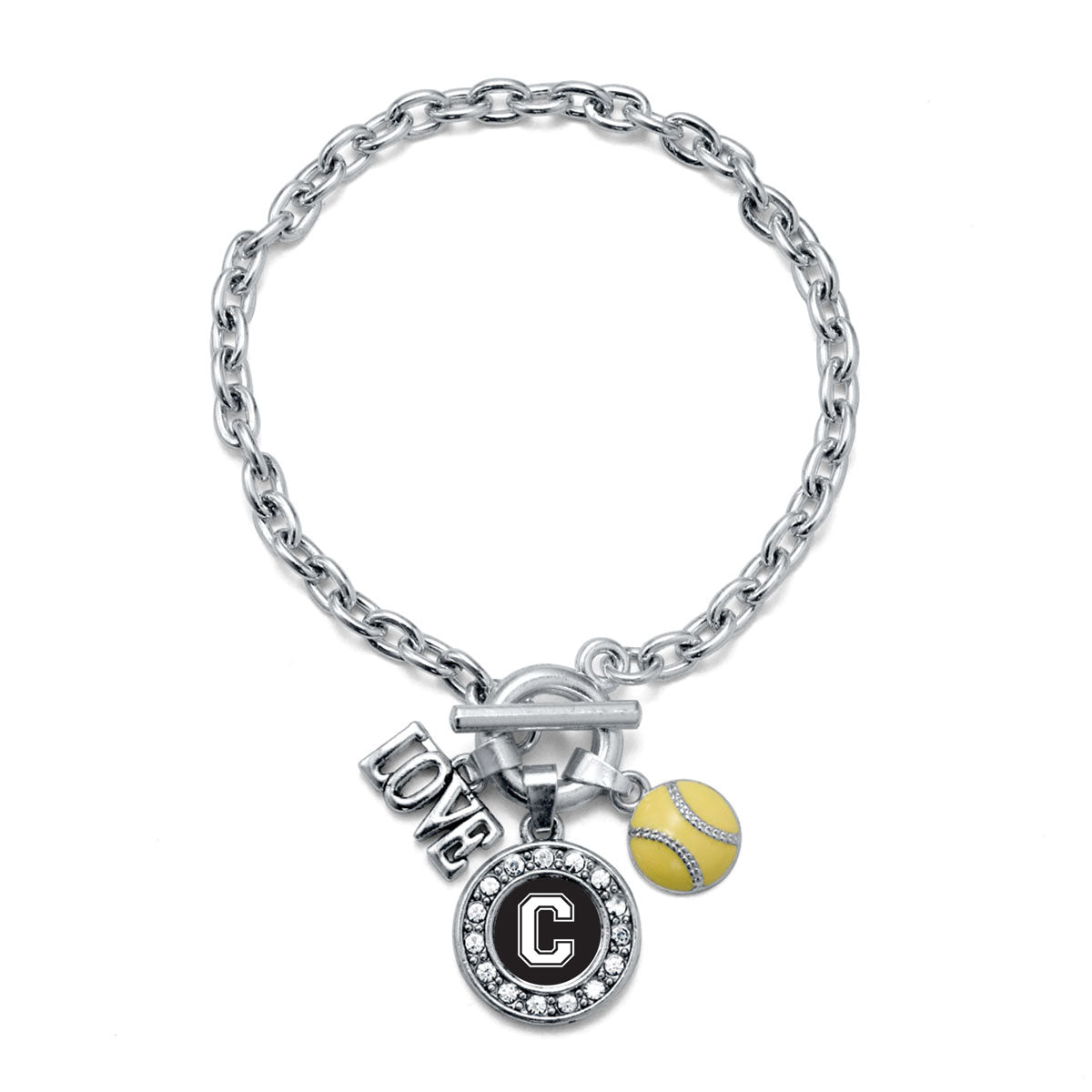 Silver Softball - Sports Initial C Circle Charm Toggle Bracelet