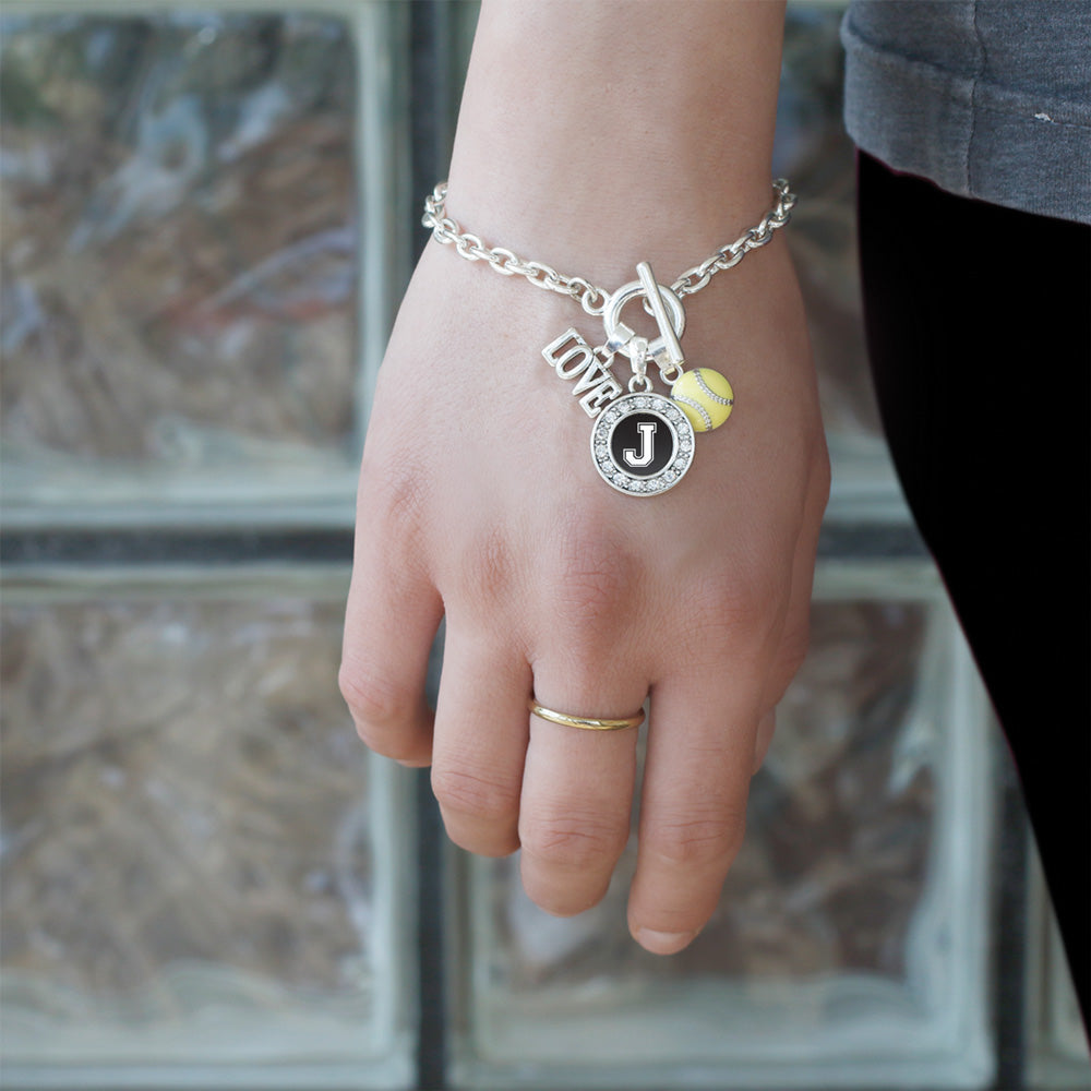 Silver Softball - Sports Initial J Circle Charm Toggle Bracelet