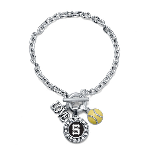 Silver Softball - Sports Initial S Circle Charm Toggle Bracelet