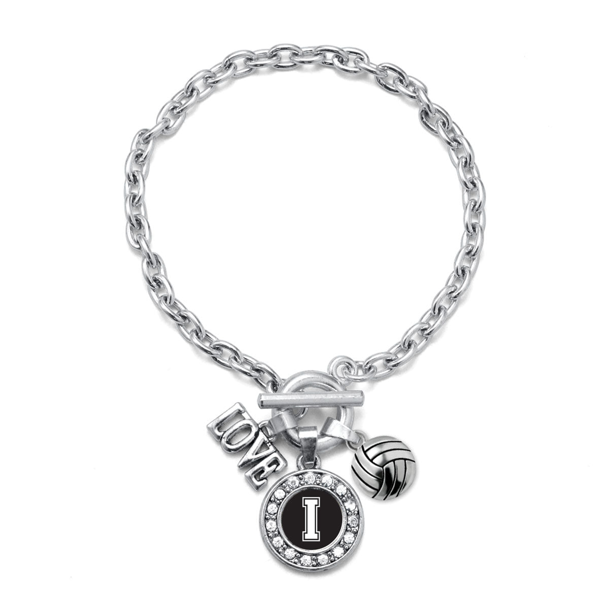 Silver Volleyball - Sports Initial I Circle Charm Toggle Bracelet