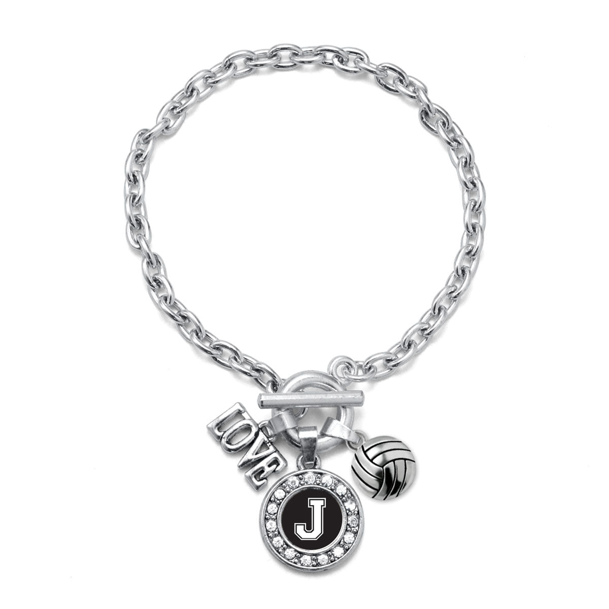 Silver Volleyball - Sports Initial J Circle Charm Toggle Bracelet