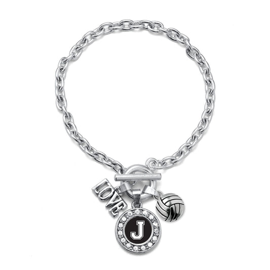 Silver Volleyball - Sports Initial J Circle Charm Toggle Bracelet