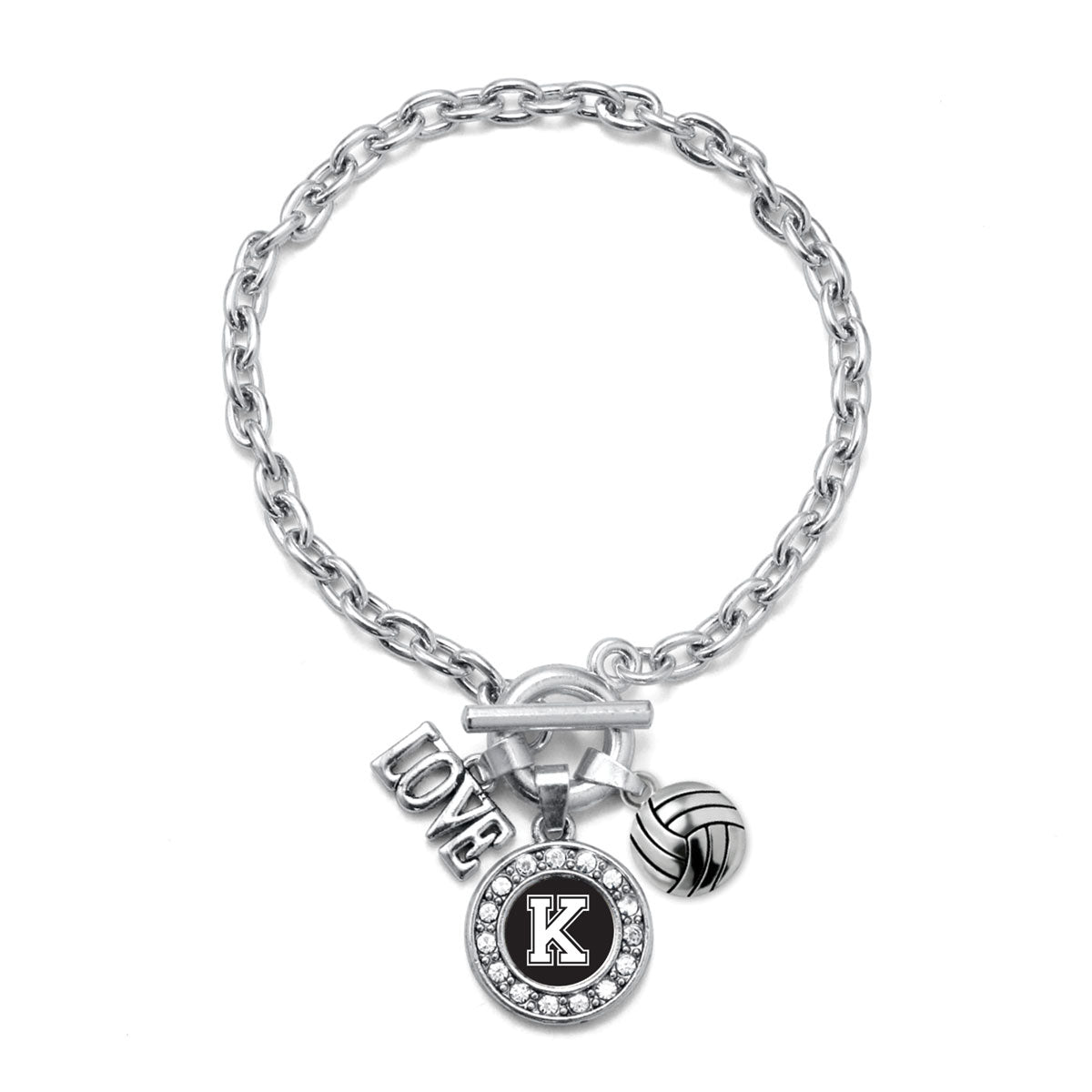 Silver Volleyball - Sports Initial K Circle Charm Toggle Bracelet