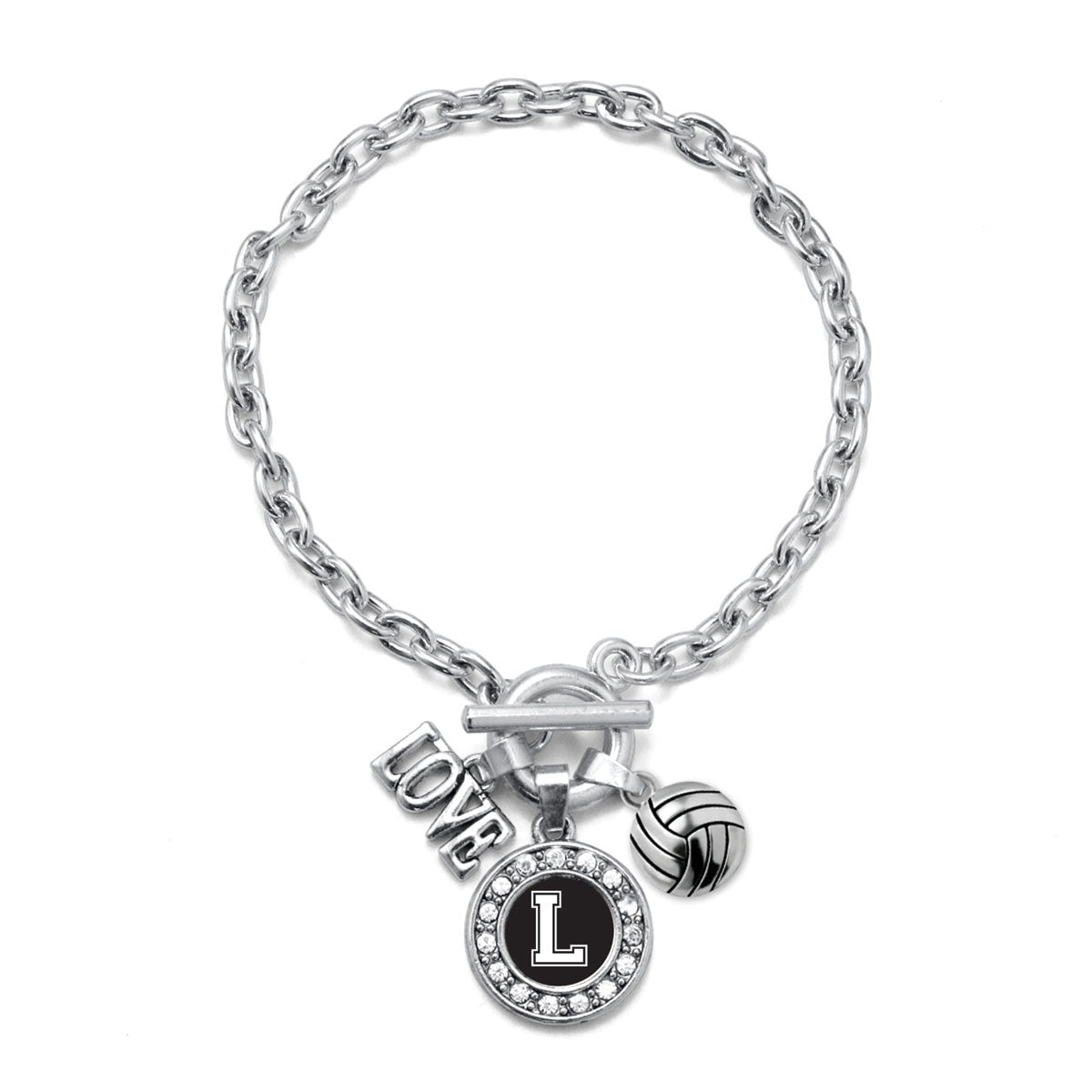 Silver Volleyball - Sports Initial L Circle Charm Toggle Bracelet