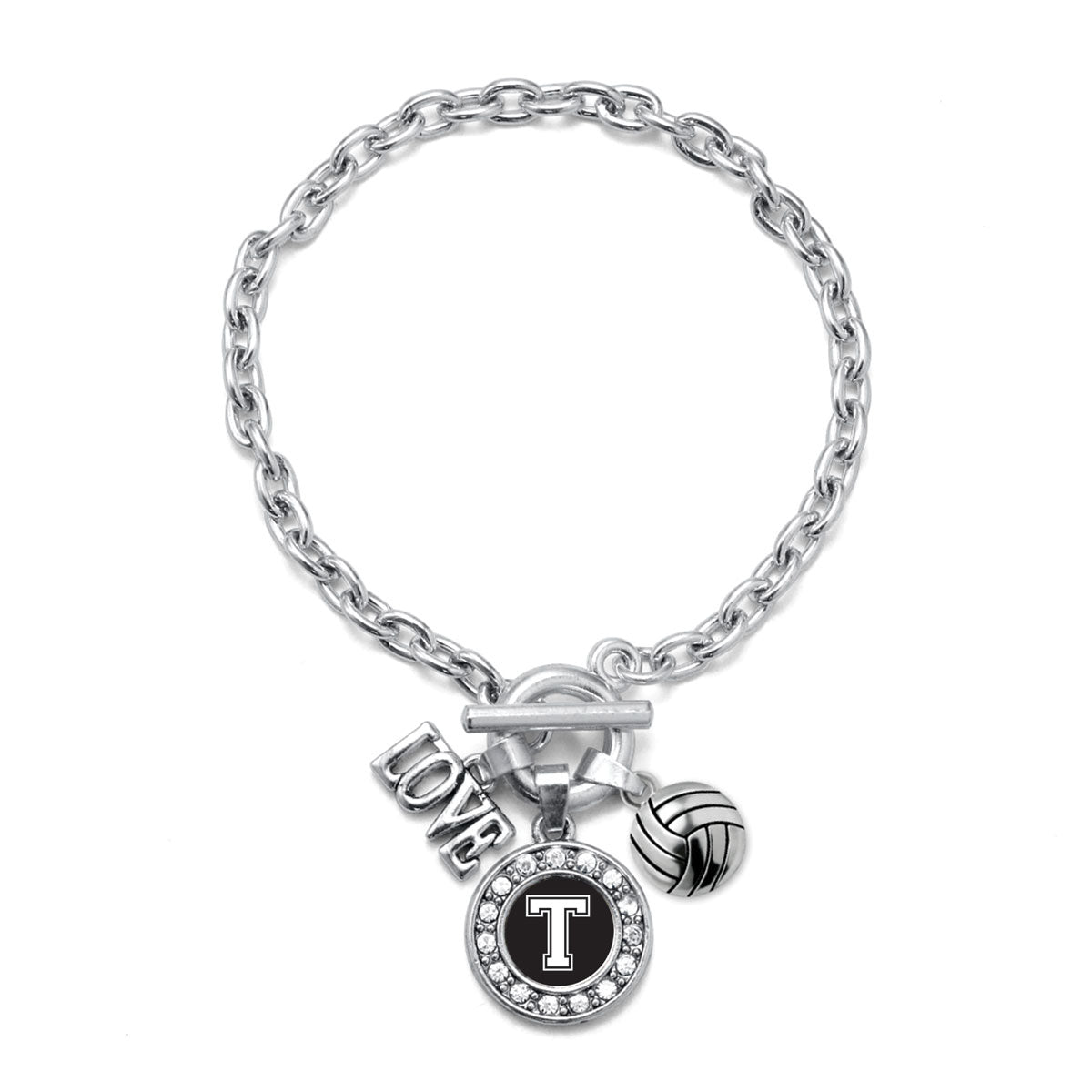 Silver Volleyball - Sports Initial T Circle Charm Toggle Bracelet