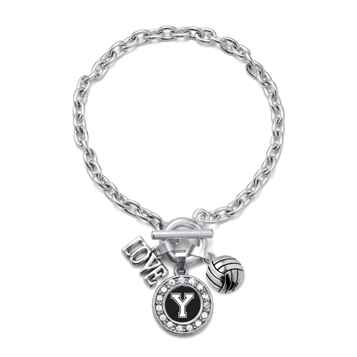 Silver Volleyball - Sports Initial Y Circle Charm Toggle Bracelet