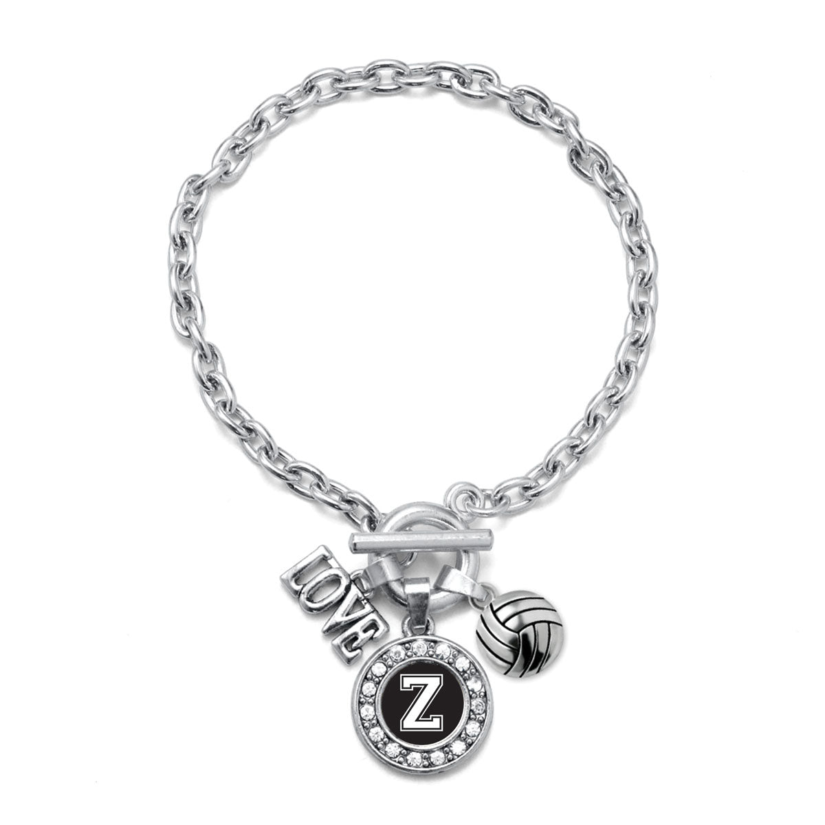 Silver Volleyball - Sports Initial Z Circle Charm Toggle Bracelet