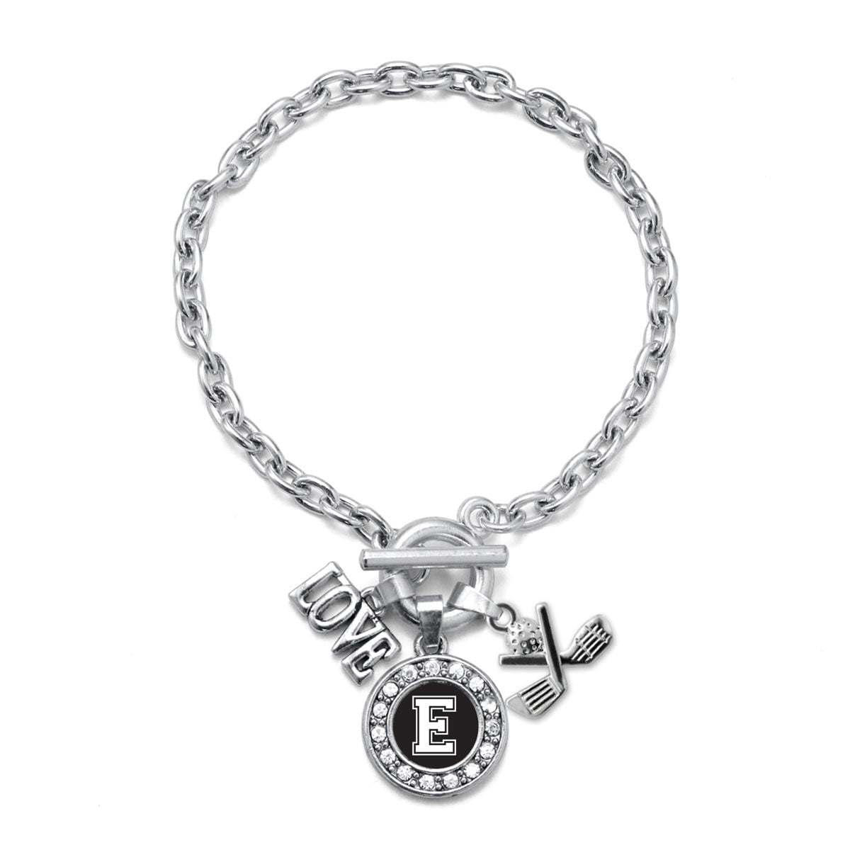 Silver Cheerleader - Sports Initial E Circle Charm Toggle Bracelet