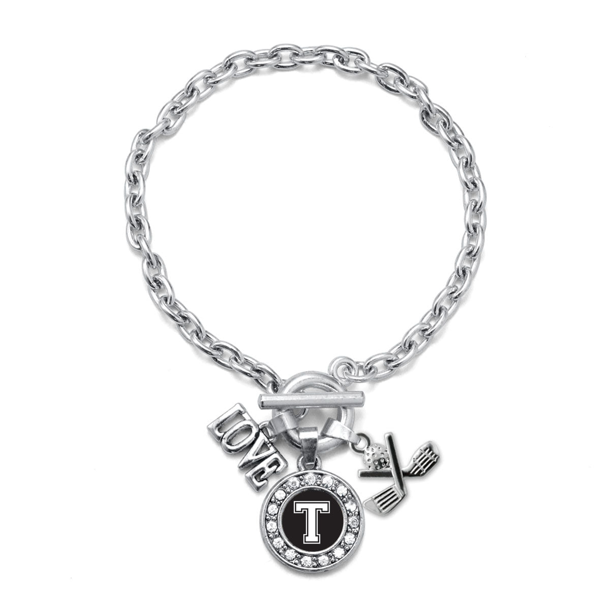 Silver Cheerleader - Sports Initial T Circle Charm Toggle Bracelet