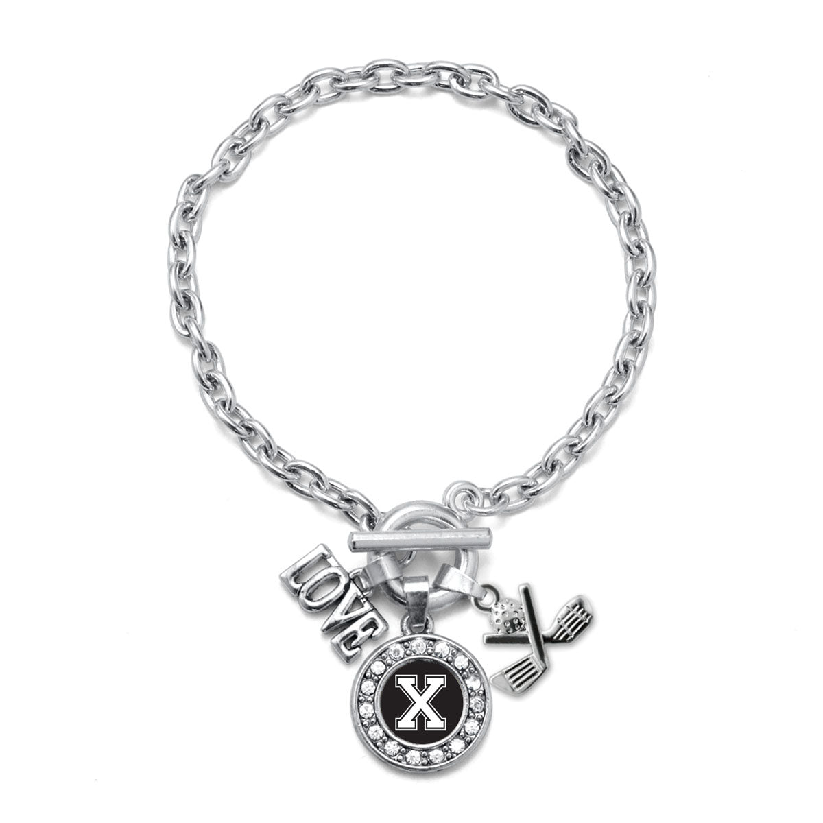 Silver Cheerleader - Sports Initial X Circle Charm Toggle Bracelet