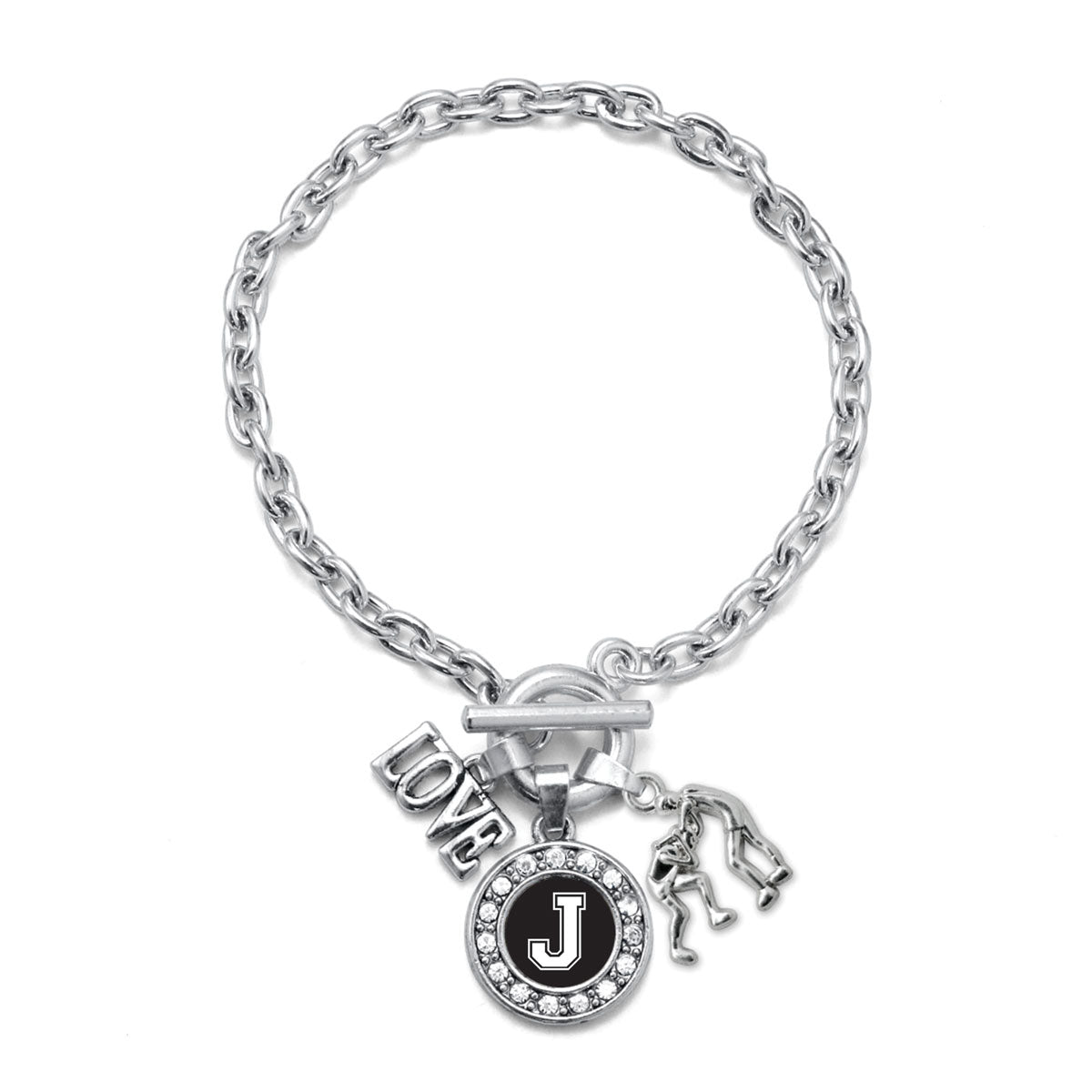 Silver Wrestling - Sports Initial J Circle Charm Toggle Bracelet