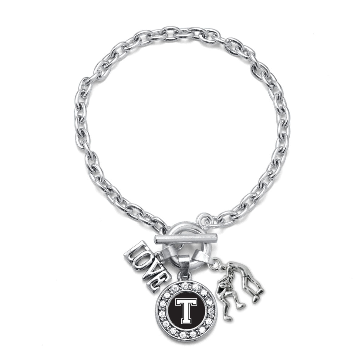 Silver Wrestling - Sports Initial T Circle Charm Toggle Bracelet