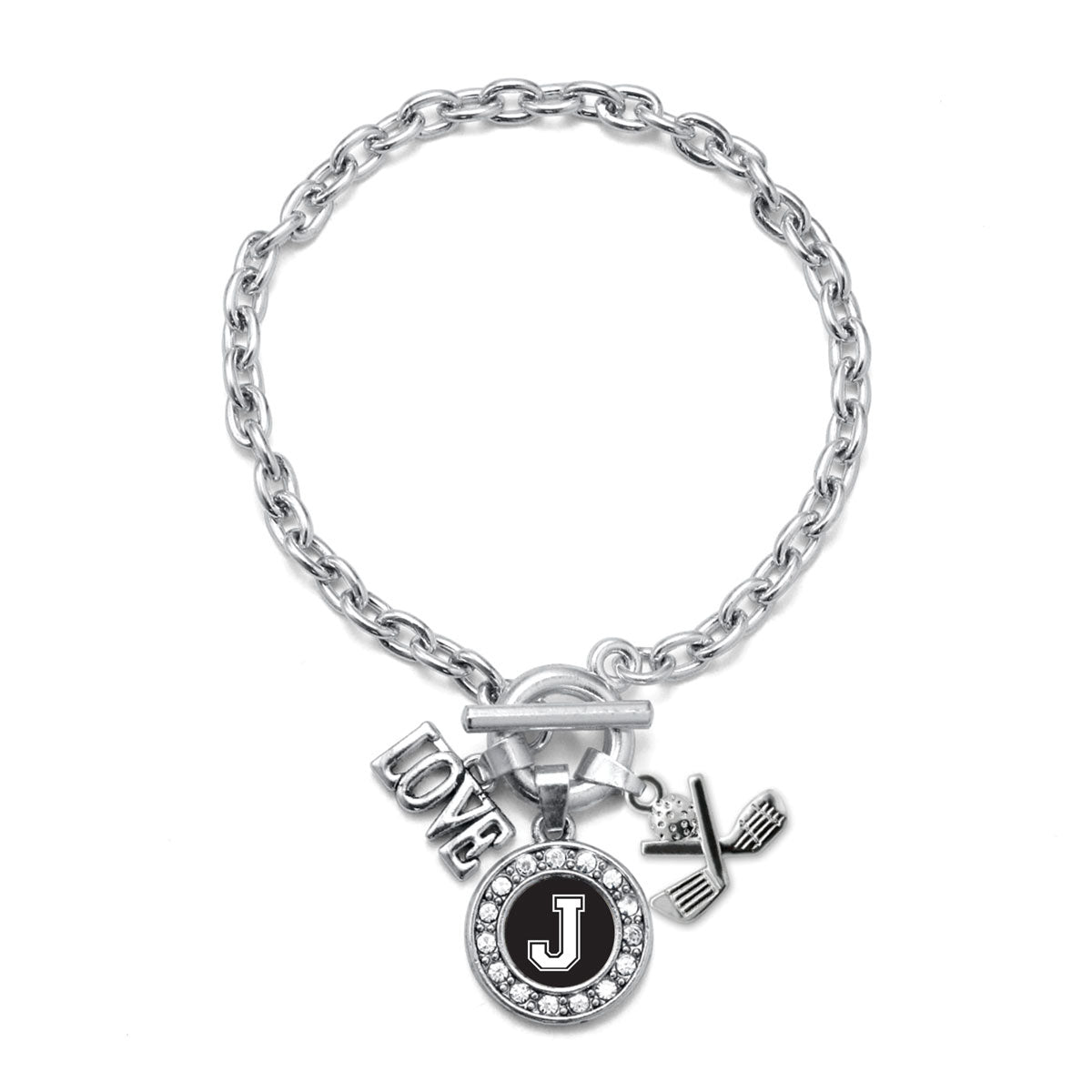 Silver Golf - Sports Initial J Circle Charm Toggle Bracelet