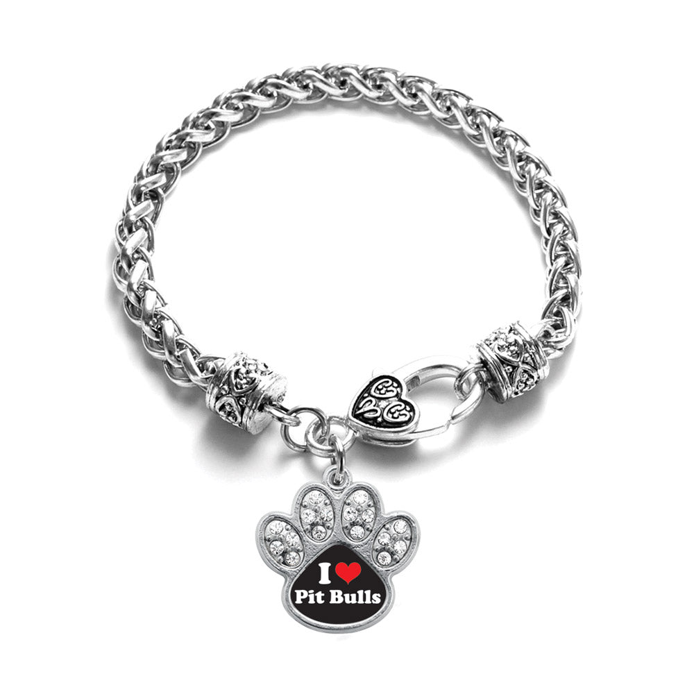 Silver I Love Pit Bulls Pave Paw Charm Braided Bracelet